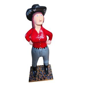 Folk Art Hand Carved Wooden Cowgirl Woman Figurine Western Black Hat Handmade